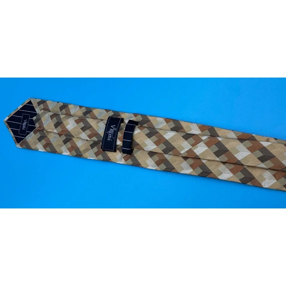 Villini Men's 100% Silk Tie Geometric Check Pattern Brown Gold‎ 3.5